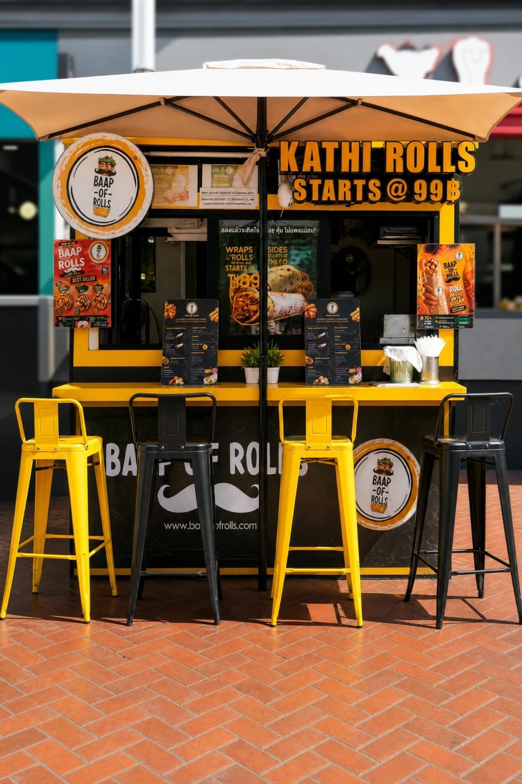 Baap Of Rolls storefront with its branded counter and seating