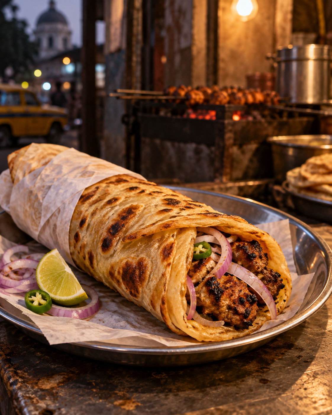 A Kolkata-style Kathi Roll served with grilled kebab, fresh onion and lime